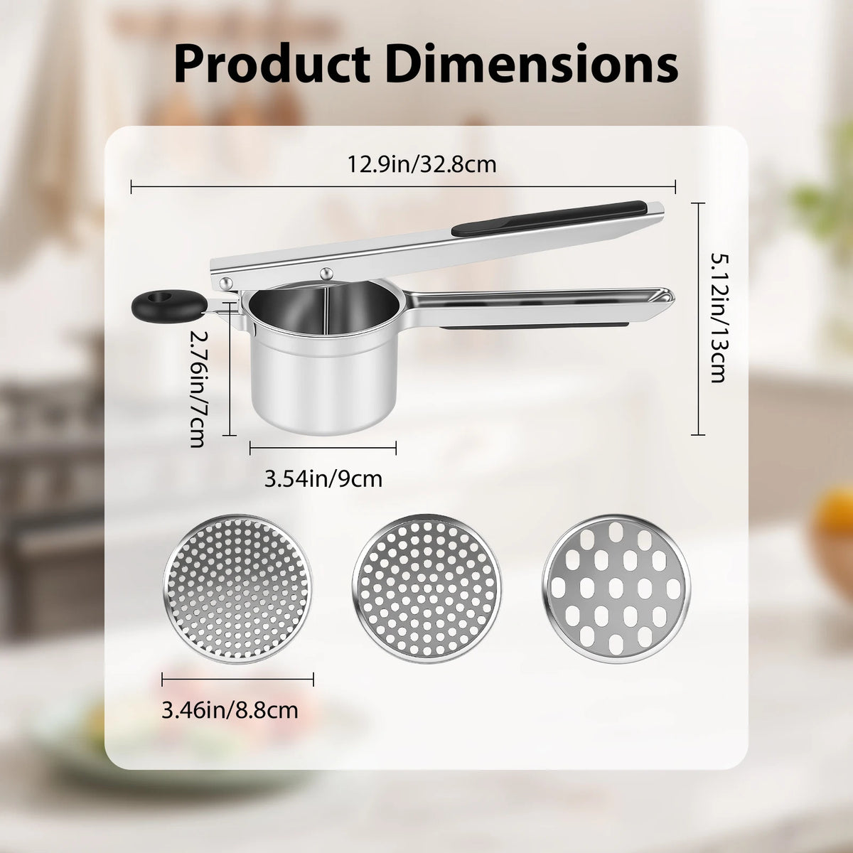 Stainless Steel Potato Ricer with Silicone Handle – Heavy Duty Masher Press with 3 Plates – Ideal for Smooth Mash, Purées & Baby Food
