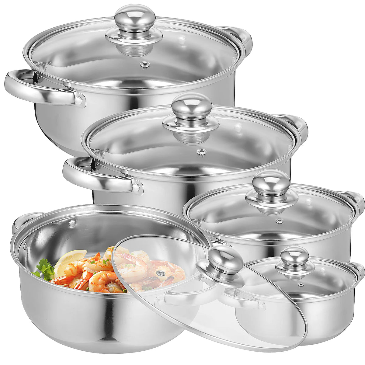 5 Piece Stainless Steel Pots & Pans Set with Glass Lids – Saucepan & Stock Pot Starter Set – Perfect for Induction & Everyday Home Cooking