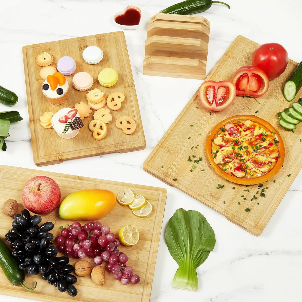 Carbonised Bamboo Chopping Board Set of 3 with Holder – Large Boards with Deep Juice Grooves & Inner Handles – Great for Meat, Veg & Fruit