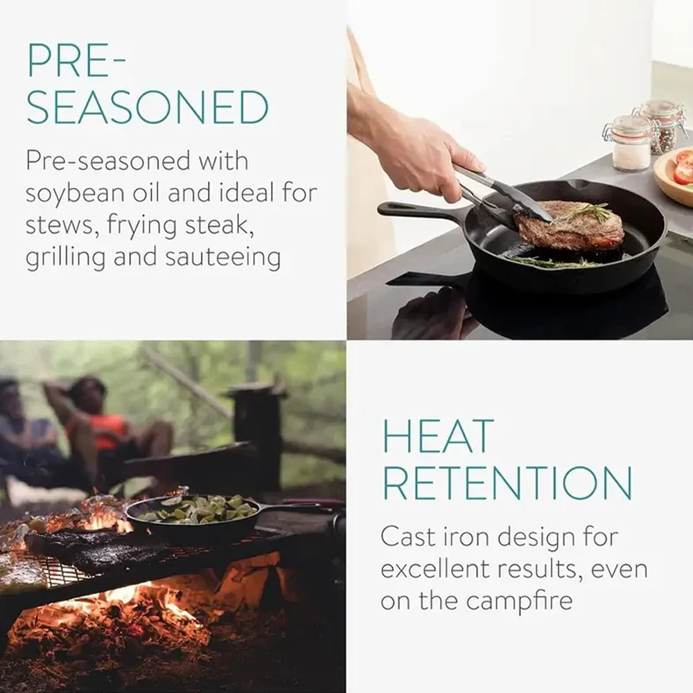 Pre-Seasoned Cast Iron Cookware Set 6 Piece – 20cm Frying Pan & 16cm, 14cm, 10cm Mini Pans with Brush & Glove – Ideal for Hob, BBQ & Camping
