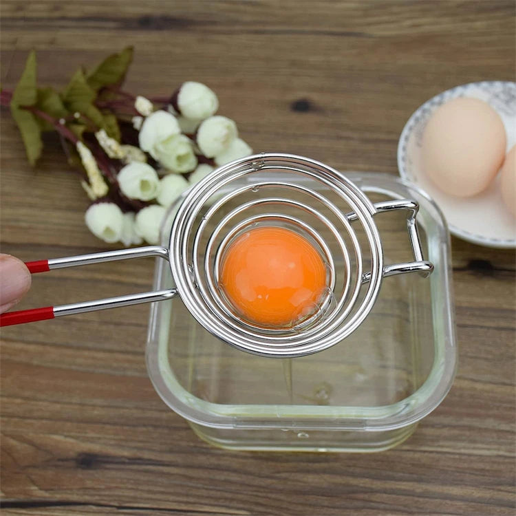 Long Handle Stainless Steel Egg Separator – Egg White & Yolk Divider Filter – Ideal for Baking, Meringues & Omelettes – Available in Brown & Red Colours