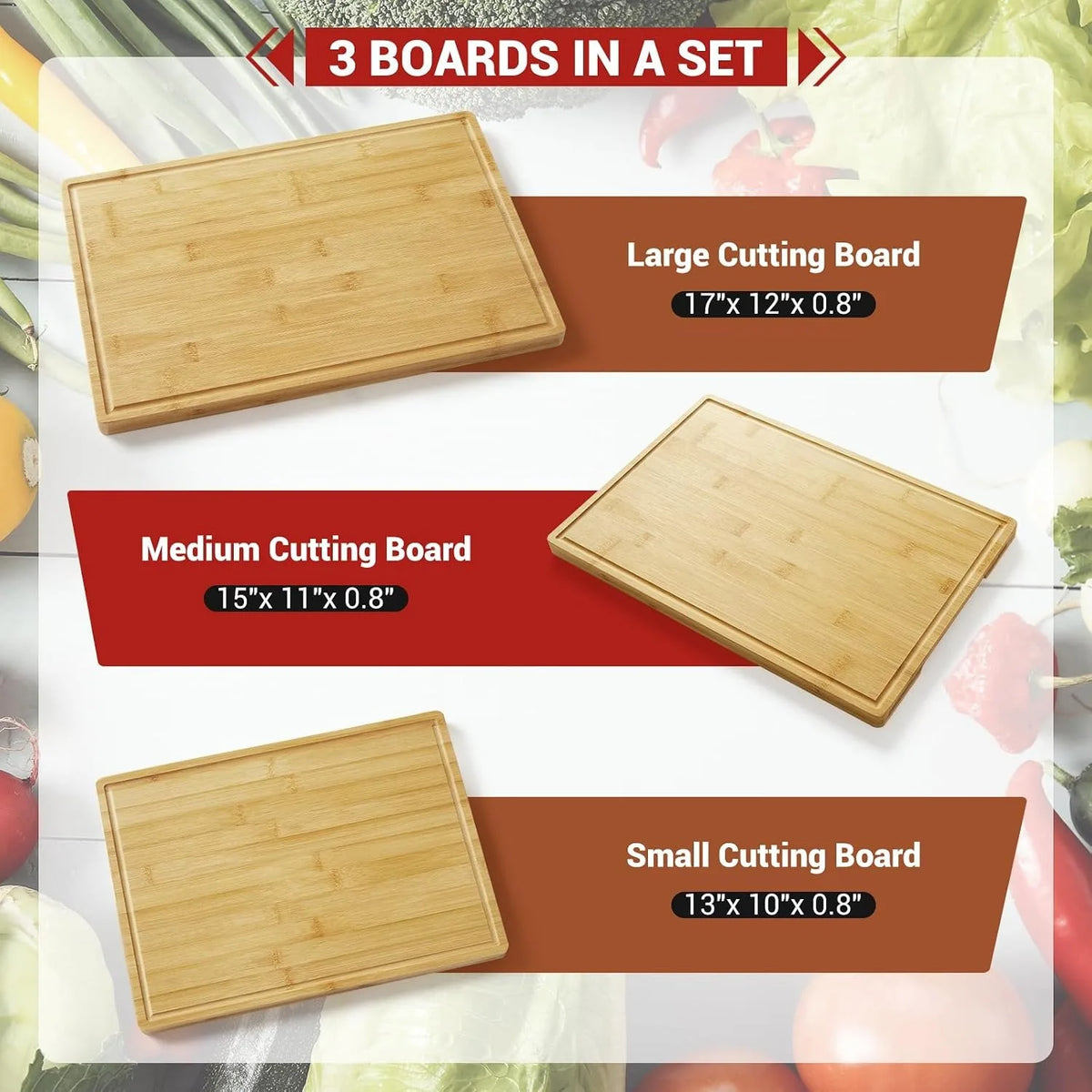3 Piece Bamboo Chopping Board Set with Storage Stand – Wooden Boards with Handles & Juice Grooves – Best for Meat, Veg & Fruit