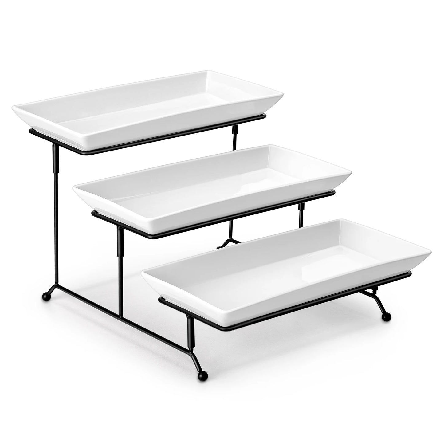 3-Tier Porcelain Buffet Food Display Platter with Stand | Stepped Staggered Design | 12 & 14 Inch