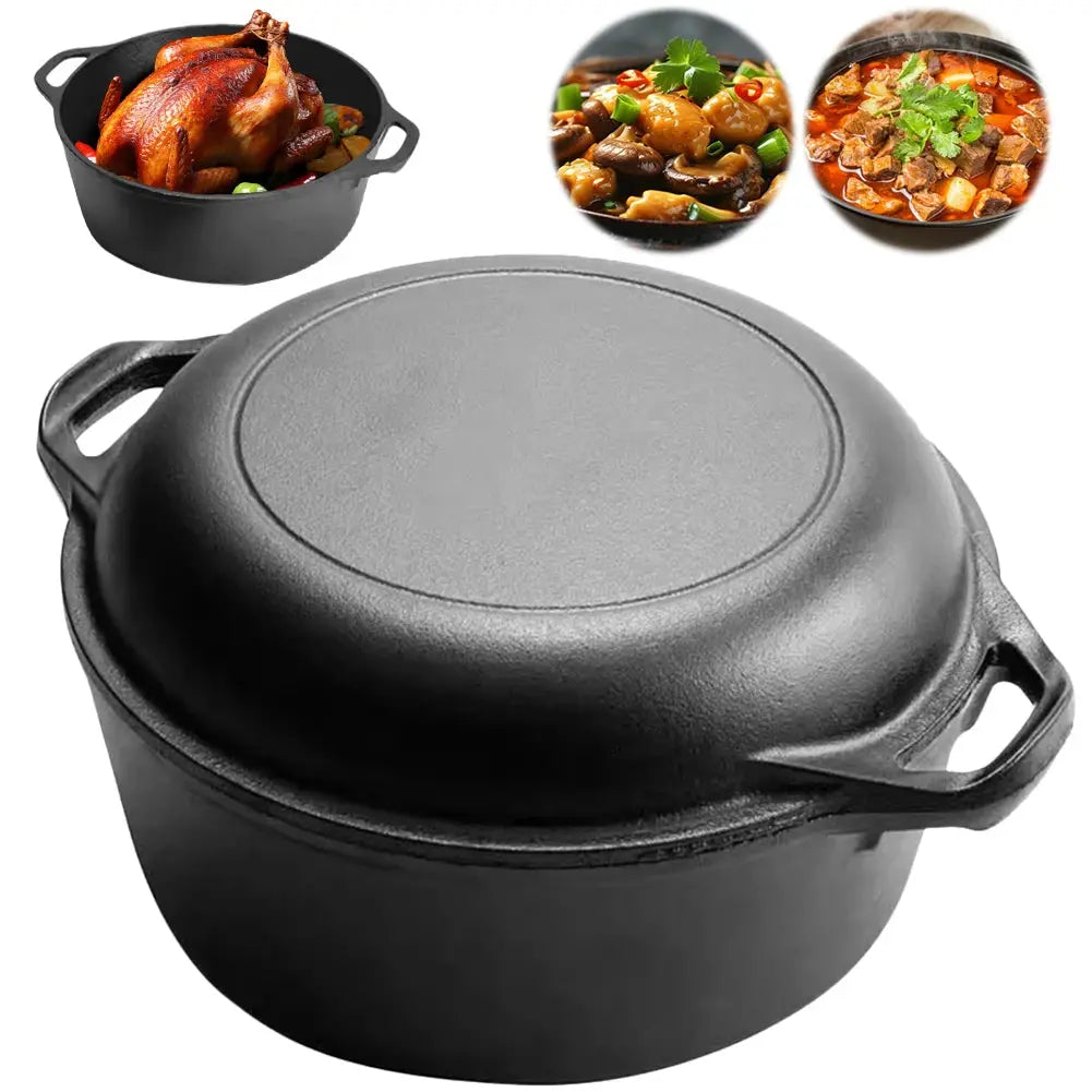 Pre-Seasoned Cast Iron 2-in-1 Dutch Oven Pot & Skillet – Multi-Purpose Cookware Set with Dual Handles for Baking Bread, Frying, Stewing, Camping & BBQ