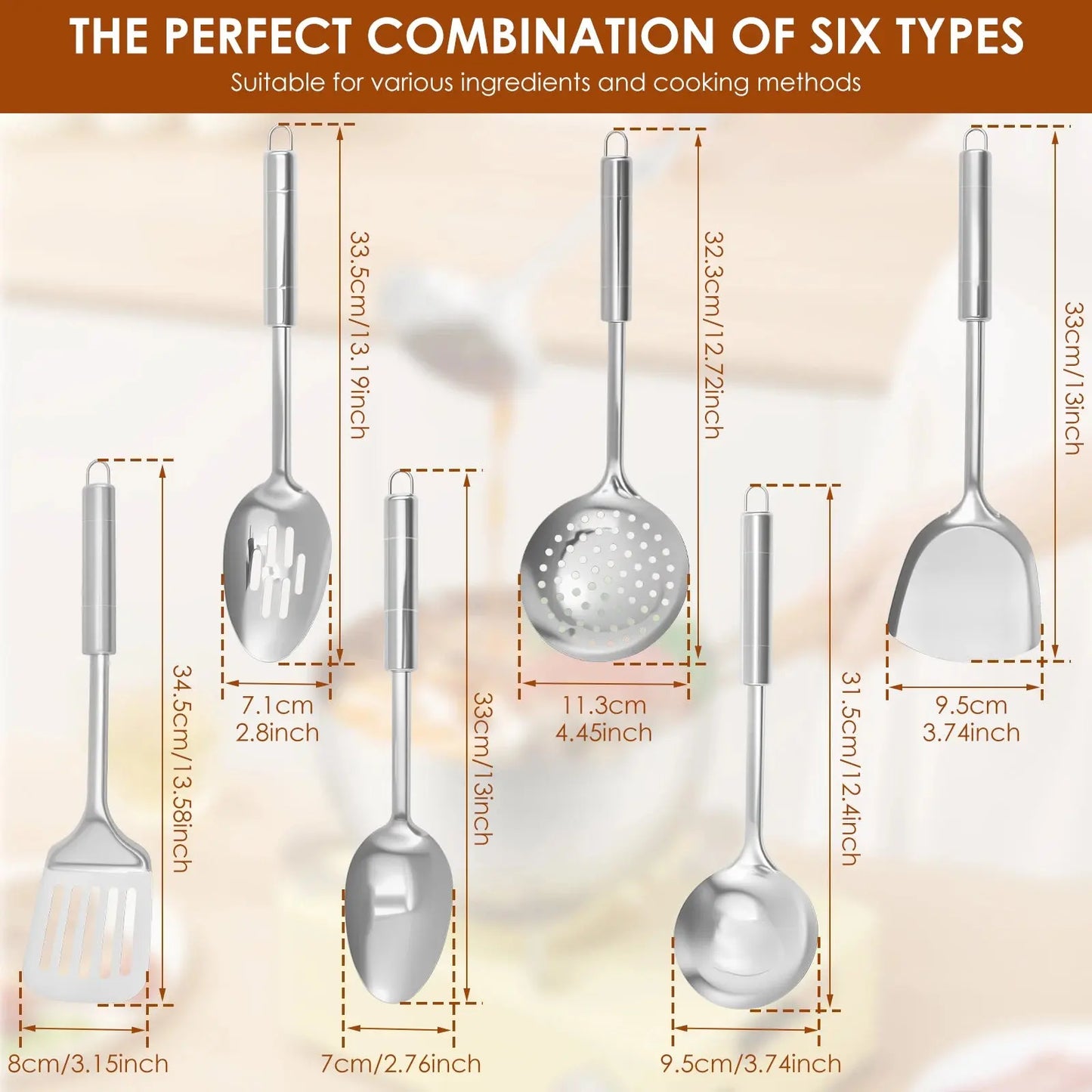 6-Piece Stainless Steel Cooking Utensils Set, Heat Resistant and Versatile C for Chef