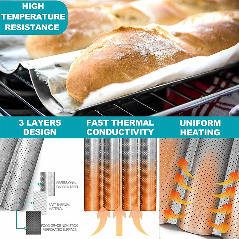 Non-Stick Perforated Carbon Steel Baguette Pan – French Bread Baking Tray – Perfect for Crusty Baguettes & Homemade Loaves – Available in 2 & 4 Loaves