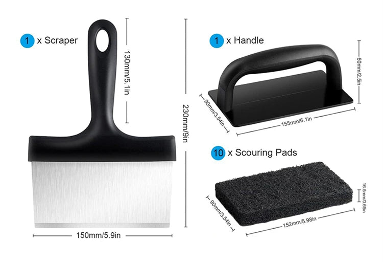 Flat Top Griddle Cleaning Kit – Stainless Steel Griddle Scraper & Scouring Pad Set – Ideal for Cleaning Griddles & BBQ Grill Plates – Available in 1 Piece – Style 1, 1 Piece – Style 2, 1 Piece – Style 3, 7 Pieces & 12 Pieces