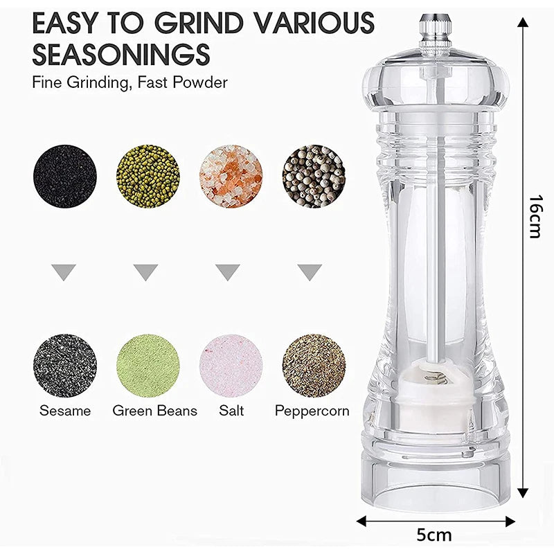 Clear Acrylic Salt & Pepper Grinder Mill with Adjustable Ceramic Coarseness – Refillable Sea Salt & Pepper Mill – Great for Sea Salt & Peppercorns – Available in 4, 5, 6 & 8 Inch