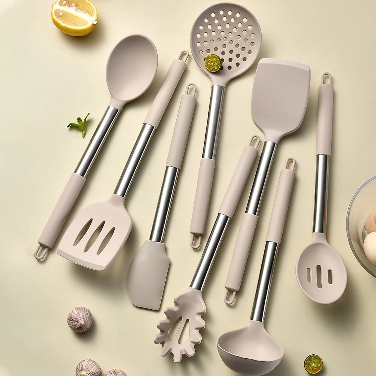 Silicone Kitchen Utensils Set with Stainless Steel Handles – Heat-Resistant & Safe for Non-Stick Cookware – Ideal for Daily Cooking – Available in Multiple Colours & Various Piece Set Options