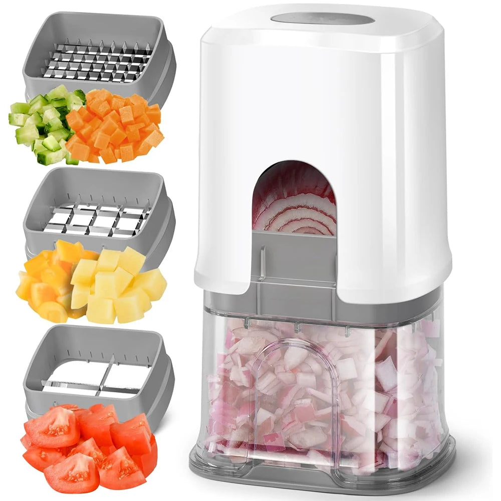 French Fry Cutter & Potato Slicer with Container – Manual Vegetable Chopper with 3 Stainless Steel Blades – Ideal for Chips, Apples & Onions