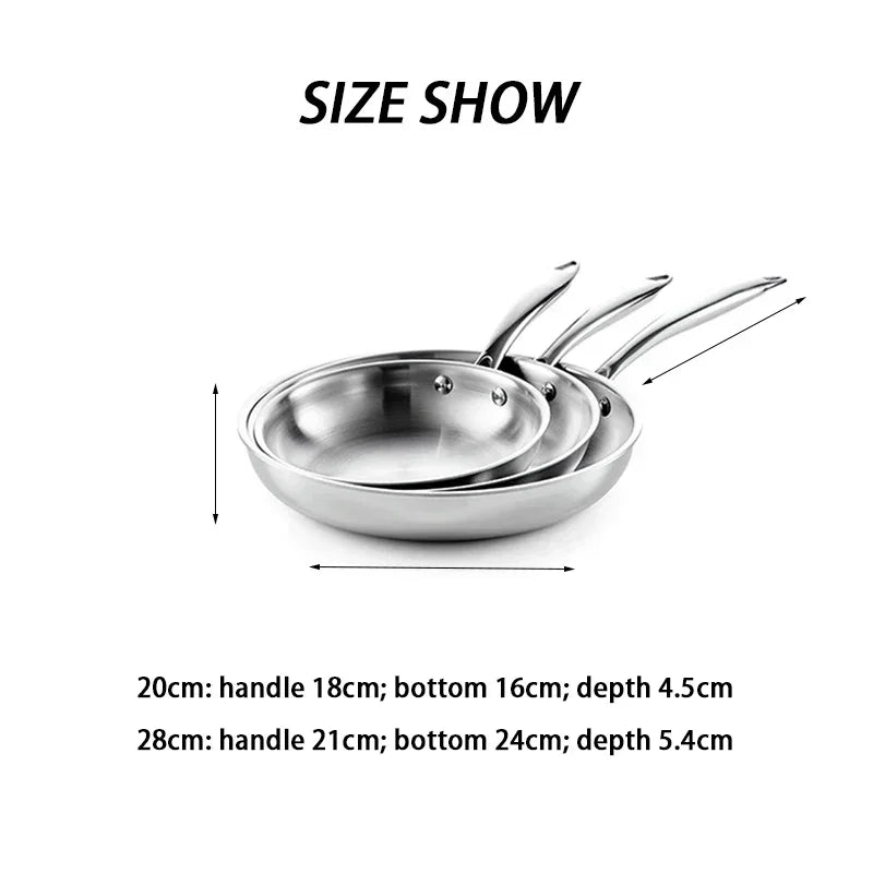 304 Stainless Steel Frying Pan with Long Handle – Uncoated Tri-Ply Skillet for Searing, Sautéing, Stir-Frying, Simmering & Pan-Frying Daily Meals – 3-Layer Pot Bottom – Induction, Gas & Electric Compatible – Available in 22cm, 24cm, 26cm, 28cm & 30cm