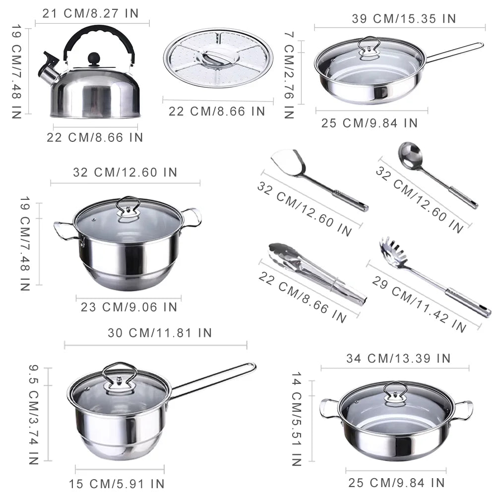 14 Piece Stainless Steel Pots & Pans Set with Kettle – Ceramic Non-Stick Cookware with Glass Lids, Steamer & Utensils – Great for Induction & Everyday Family Cooking