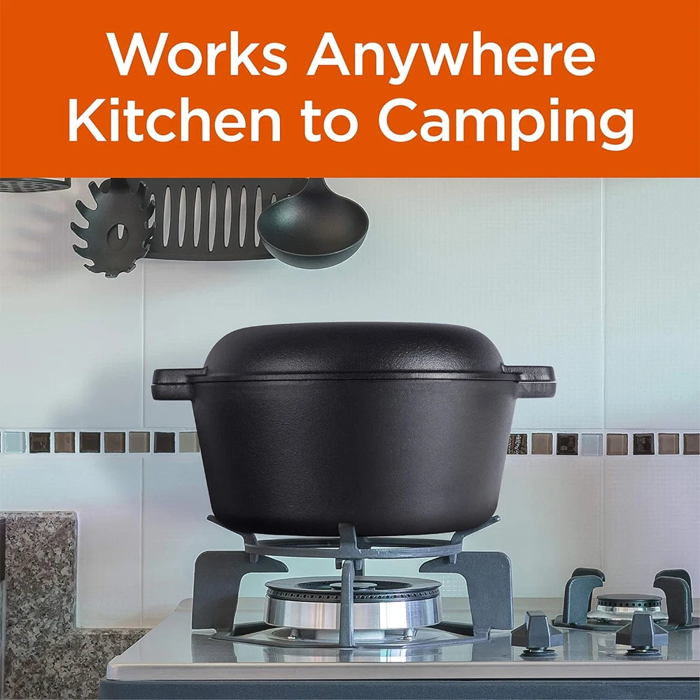 Pre-Seasoned 26cm Cast Iron Dutch Oven with Skillet Lid, Dual Handles – 2-in-1 Combo Pot & Pan Set – Includes Anti-Slip Mat & Silicone Clips, Multi-Purpose Cookware Set, Best for Frying, Stewing, Roasting, Bread ,Baking, Camping & BBQ