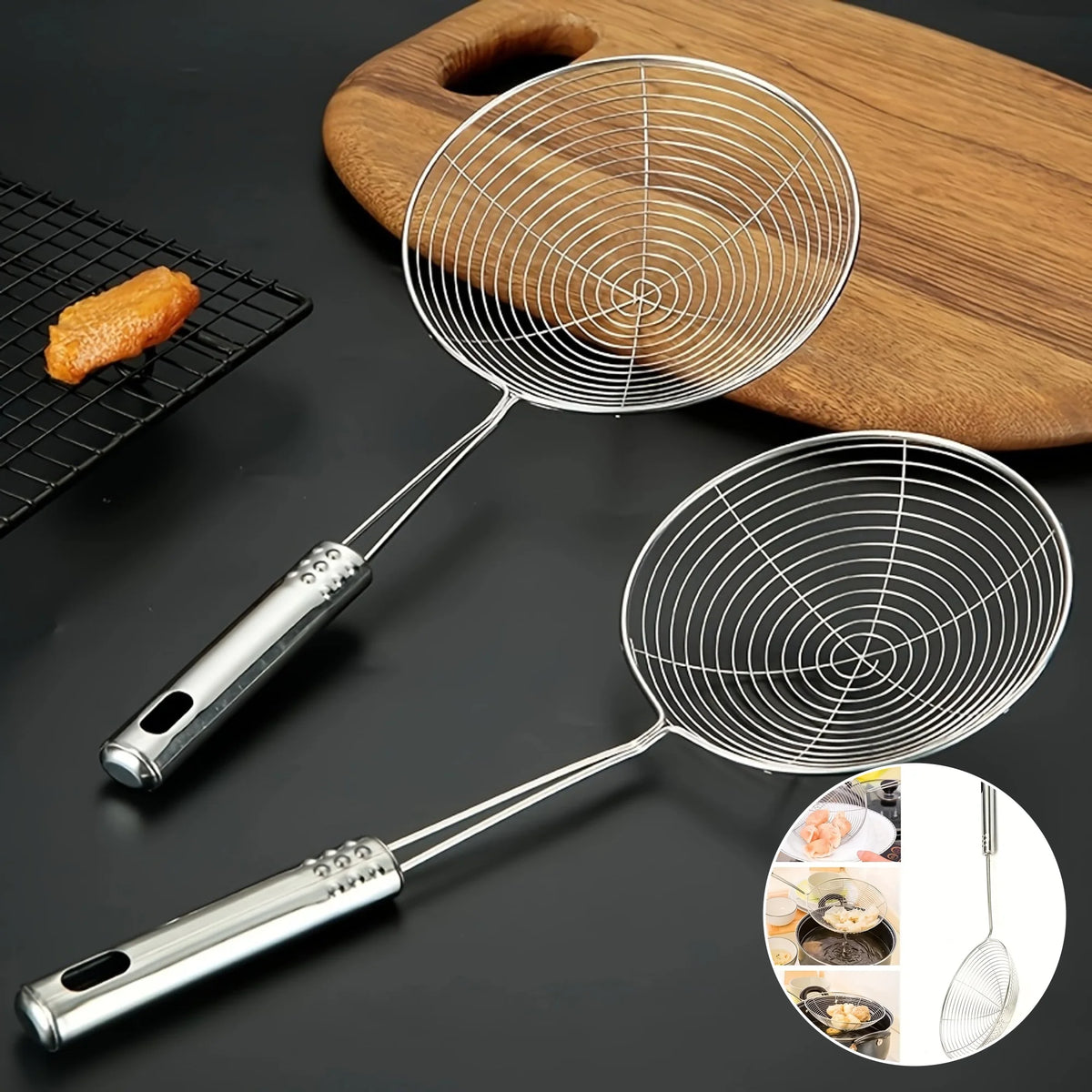Long Stainless Steel Wire Skimmer Ladle – Strainer Spoon for Frying, Blanching & Hot Pot – Great for Chips, Dumplings & Noodles (34cm)