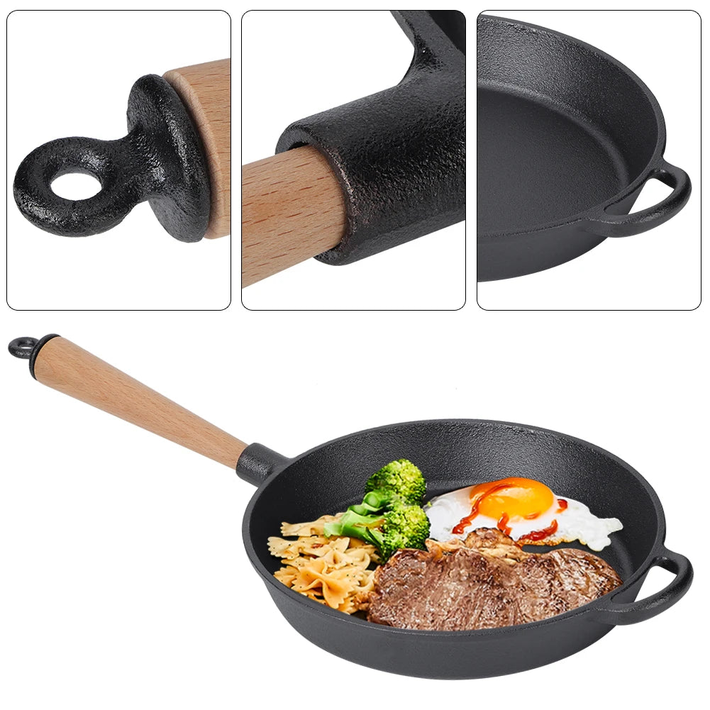 Pre-Seasoned Black Cast Iron Frying Pan Skillet with Removable Wooden Handle – Heavy-Duty Steak Pan for Searing, Frying & Sautéing
