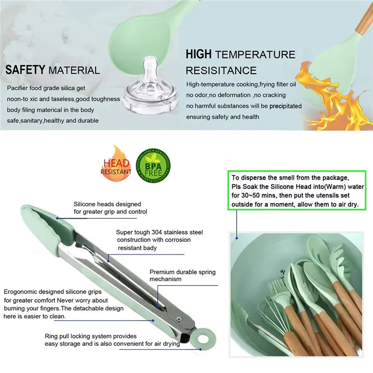 Heat Resistant Silicone Cooking Utensil with Wooden Handle – Up to 230°C Turner, Tongs, Spatula, Spoon, Brush & Whisk – Ideal for Nonstick Cookware