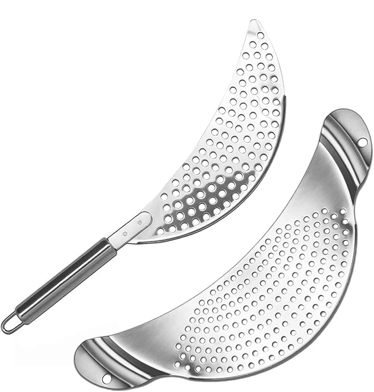 2 Piece 304 Stainless Steel Pot Strainer Set with Handles – Clip-On Pan Colander & Pasta Drainer with Recessed Grips – Great for Draining Pasta & Vegetables