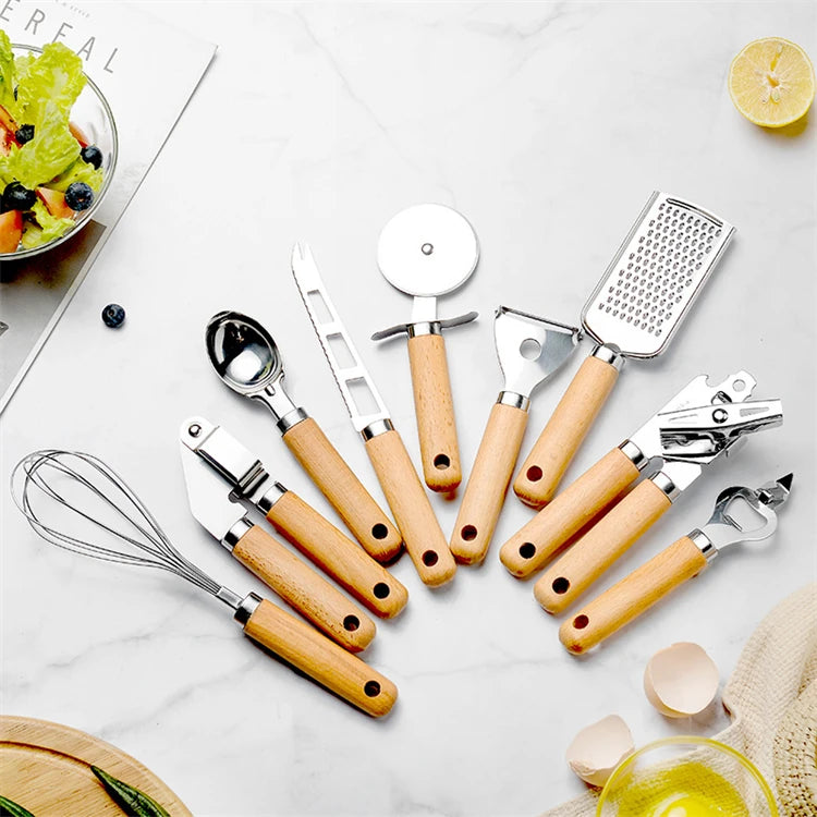 Stainless Steel Kitchen Gadget Set with Wooden Handle