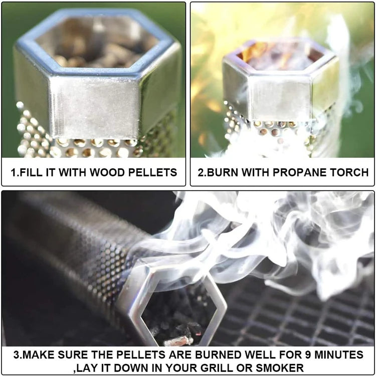 12 Inch Hexagon Stainless Steel Pellet Smoker Tube – BBQ Wood Pellet Smoke Generator – Ideal for Hot & Cold Smoking up to 5 Hours