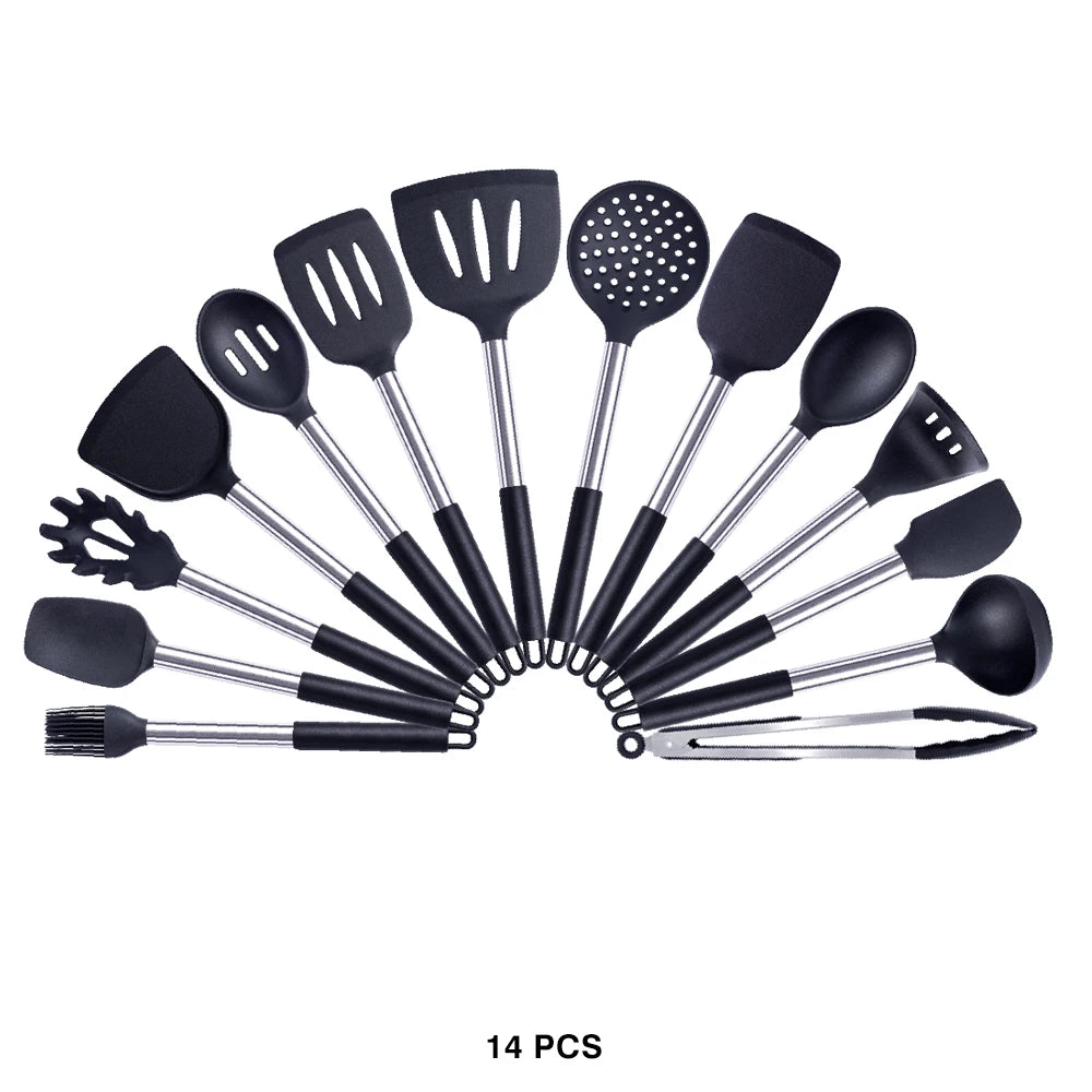 Silicone Kitchen Utensils Set with Stainless Steel Handles – Non-Stick Safe, Heat Resistant | Grey & Black | Available in 5 to 15-Piece Sets