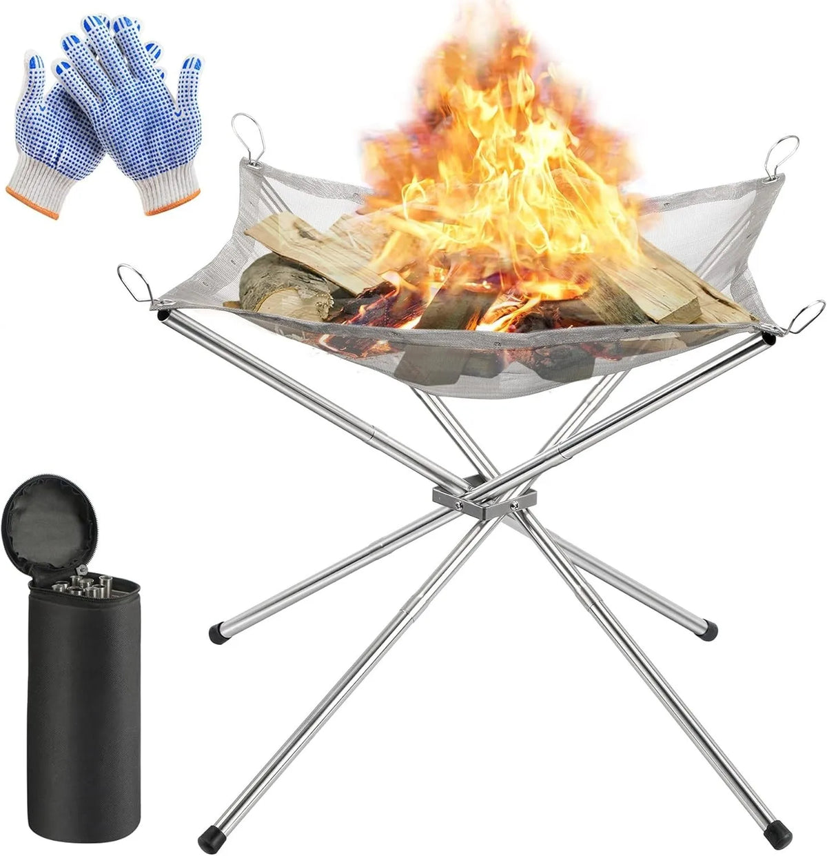 Portable Folding Fire Pit with Gloves & Carry Bag – Stainless Steel Mesh Camping Fire Bowl – Best for Bonfires, Patios & Garden Evenings