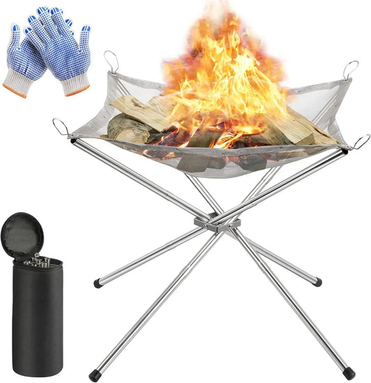 Portable Folding Fire Pit with Gloves & Carry Bag – Stainless Steel Mesh Camping Fire Bowl – Best for Bonfires, Patios & Garden Evenings United Kingdom