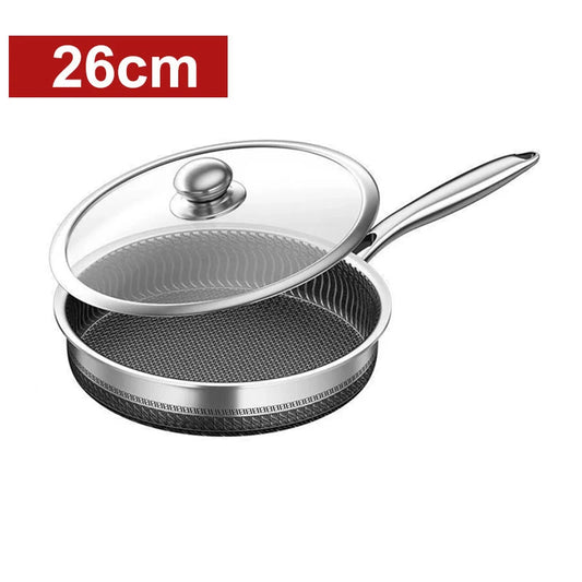 Honeycomb Stainless Steel Frying Pan with Glass Lid – Multi-Functional Non-Stick Skillet for Searing, Stir-Frying, Eggs, Pancakes, Sauces & Daily Cooking – Works on All Stovetops – Available in 26cm, 28cm & 30cm