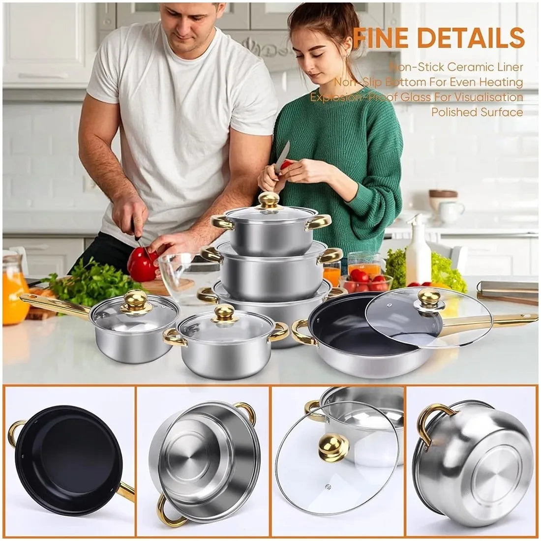 19 Piece Stainless Steel Cookware Set – 6 Pots with Lids, 6 Spatulas & Anti-Scald Clip – Best for Induction, Gas & Everyday Family Cooking