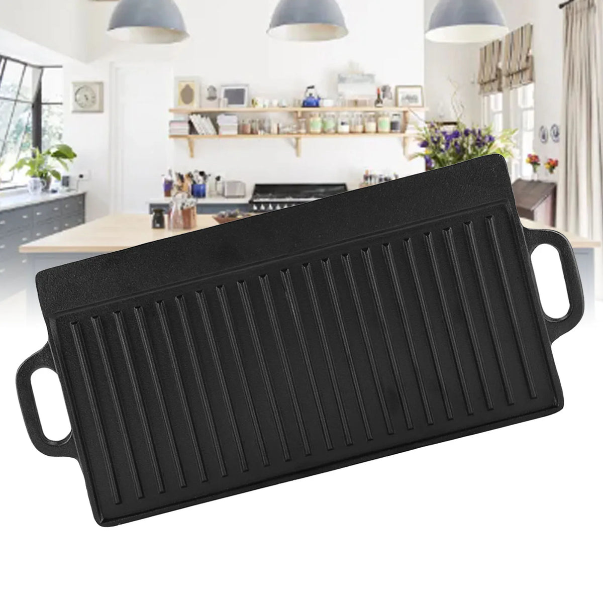Rectangular Cast Iron Grill Pan – Double-Sided Ridged & Flat Griddle Plate with Dual Handles – Best for Steaks, Burgers & Toasties