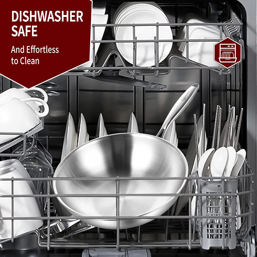 Stainless Steel Wok with Lid – Tri-Ply Durable Multi-Layer Construction for Even Heat Distribution – Ideal for Stir-Frying, Deep-Frying, Poaching, Searing, Sautéing, Tossing Noodles, Soups, Frying Eggs, Omelettes & One-Pan Dishes