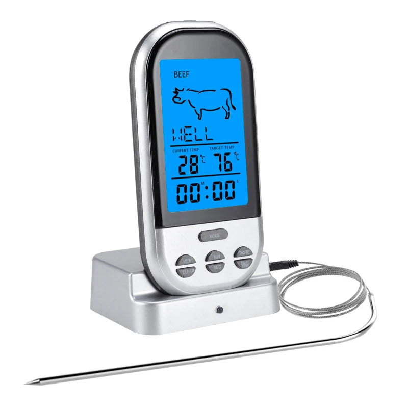Wireless Digital Meat Thermometer with Wired Oven Probe – Large Backlit LCD Display, Base Dock & Temperature Alarm – Best for Roasting, Baking & Grilling