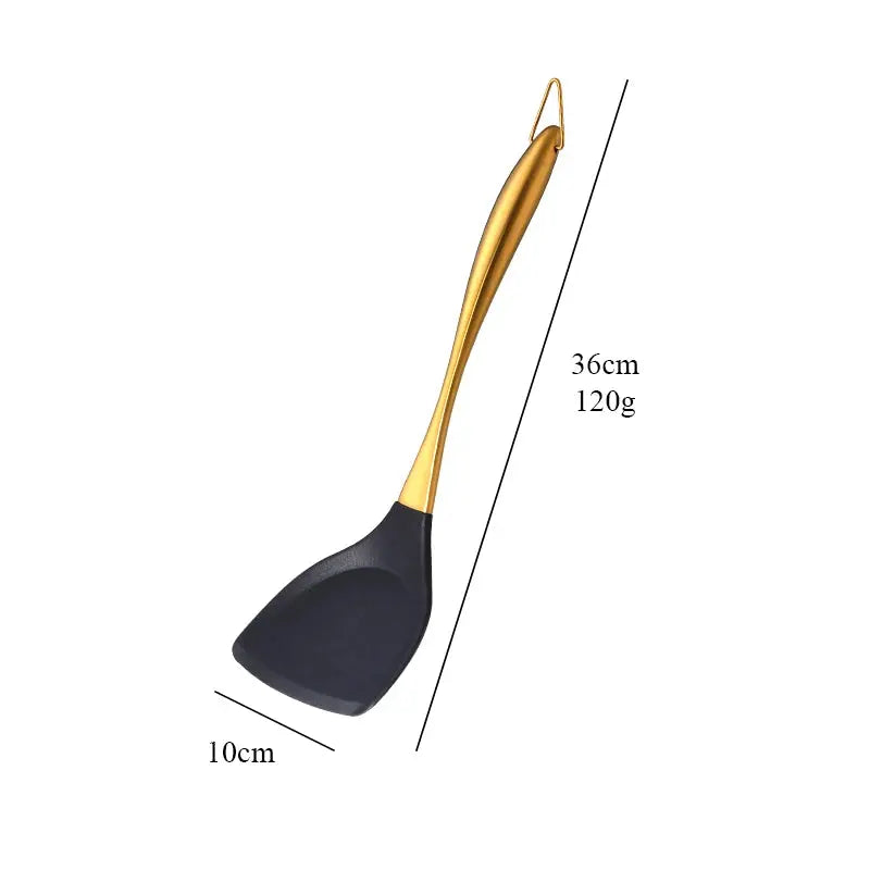 7-Piece Silicone Utensil Set with Golden Stainless Steel Handles - Cooking Utensil Set