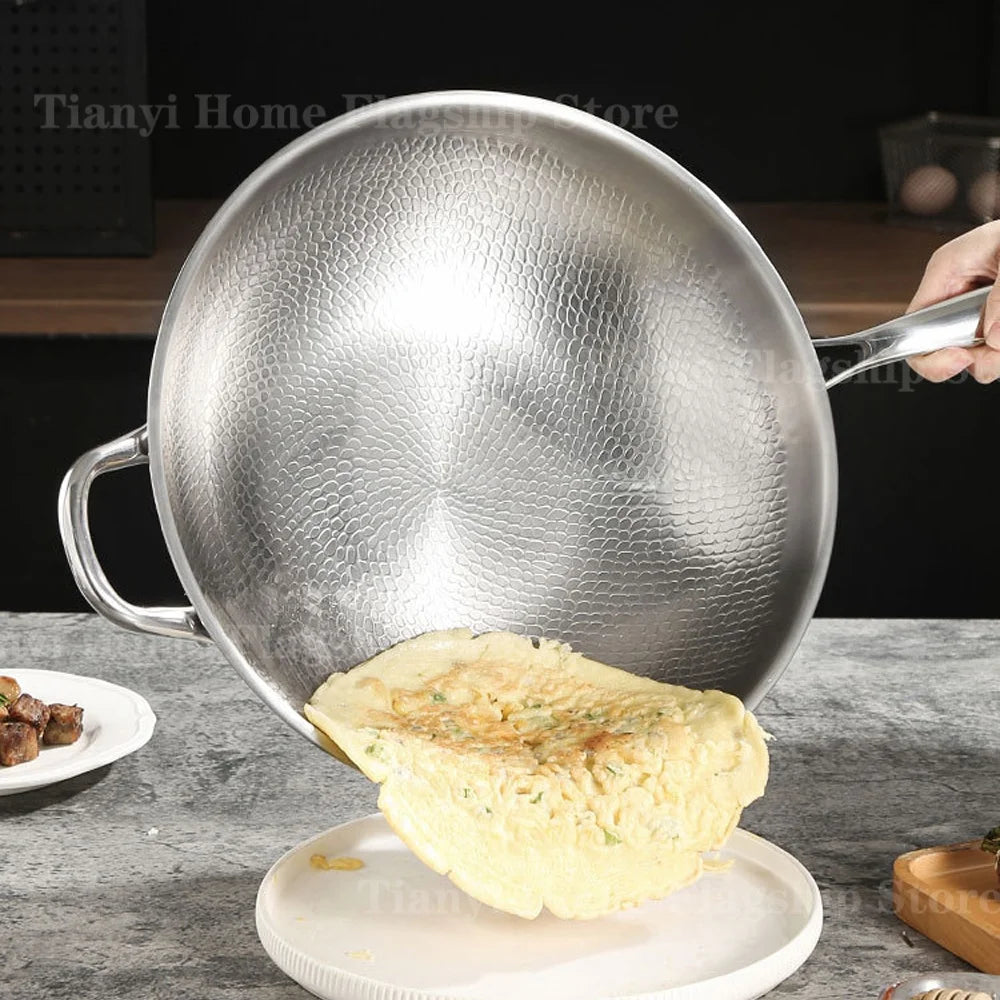 Titanium Stainless Steel Wok & Large Frying Pan – Uncoated 304 Steel Chef's Pan for Induction & Gas – Best for Stir-Frying, Steaks & Family Meals – Available in 32cm & 34cm