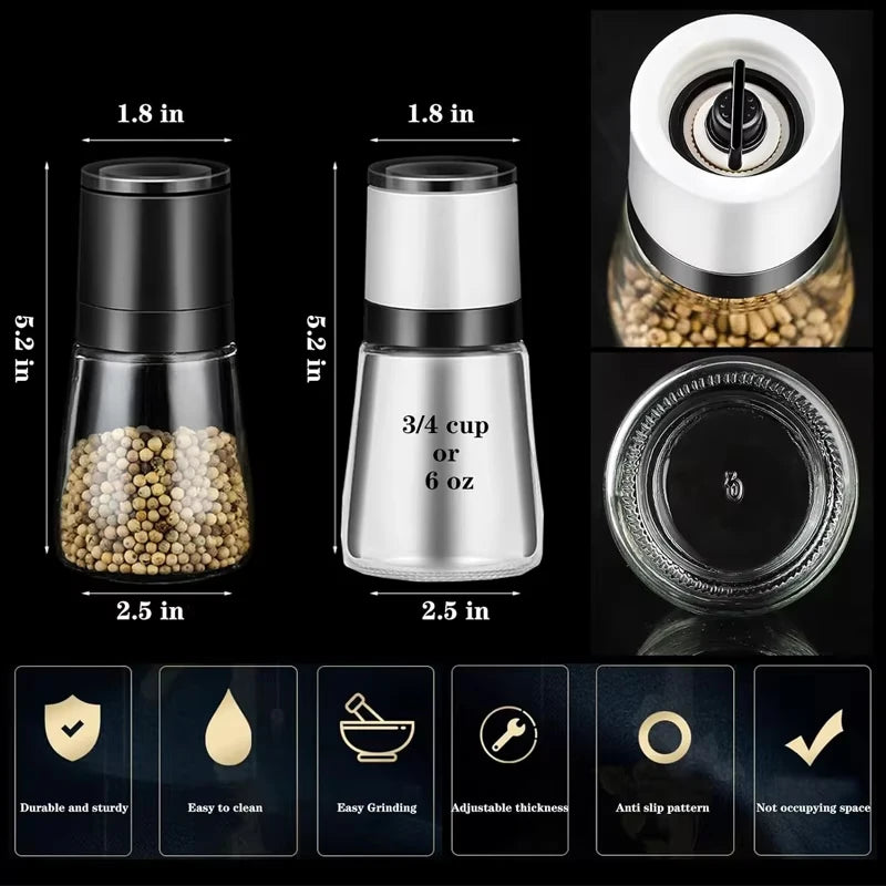 Adjustable Ceramic Salt & Pepper Grinder Set – Manual Glass Pepper Mill & Herb Grinder – Best for Sea Salt, Peppercorns & Dried Herbs