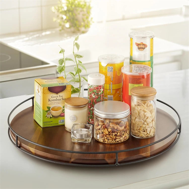 Acacia Wood Lazy Susan Turntable with Metal Frame – Rotating Countertop Organiser & Serving Tray – Great for Spices, Condiments & Serving – Available in 15cm, 16.7cm, 22cm & 29cm