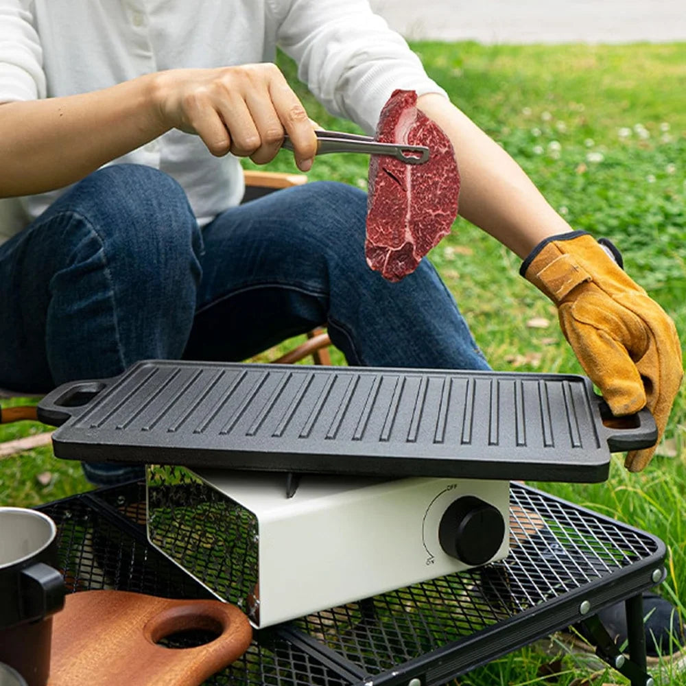 Reversible Cast Iron Grill Pan for Hob & BBQ – Ridged & Smooth Double-Sided Griddle Plate – Great for Steak, Eggs & Camp Stoves (50.5 x 23.5cm)