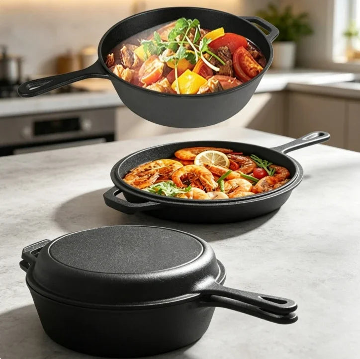 Cast Iron Dutch Oven with Skillet Lid – Pre-Seasoned 2-in-1 Casserole Pot & Frying Pan – Ideal for Stews, Baking & Camping (26cm)