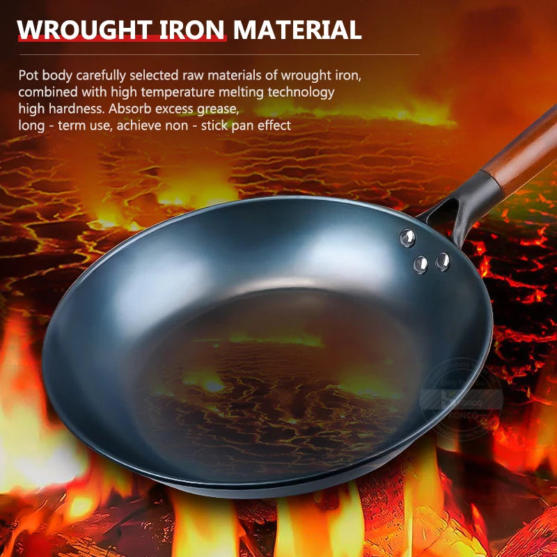 Uncoated Iron Flat-Bottom Frying Pan – Durable Skillet for Even Heat Cooking