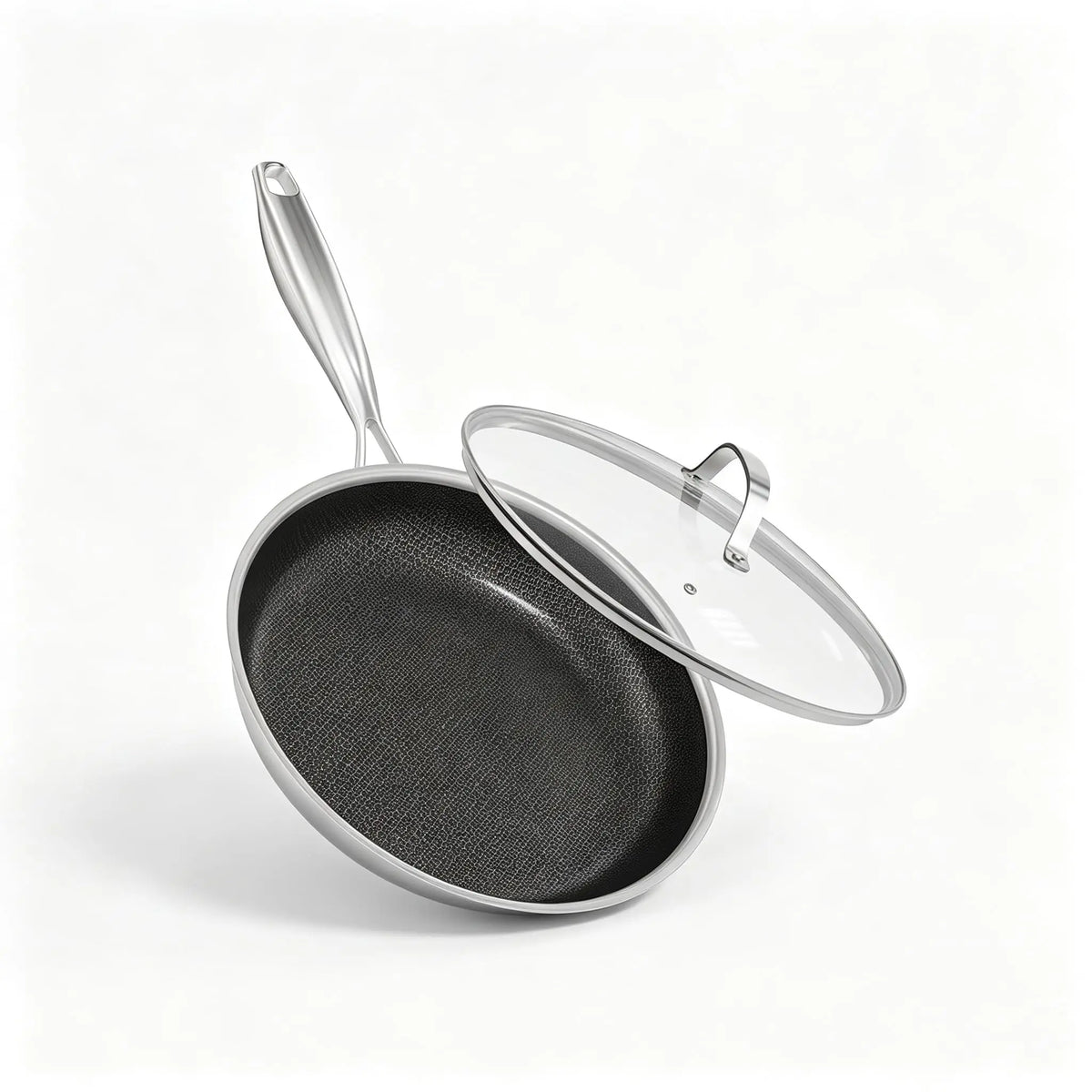 Honeycomb Hybrid 3-Ply Stainless Steel Non-Stick Frying Pan with Lid – PFOA-Free Tri-Ply Clad Skillet with Stay-Cool Handle – Ideal for Searing & Browning (28cm)