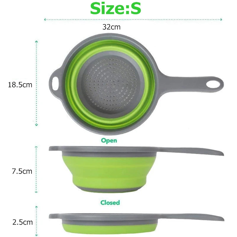 Collapsible Silicone Colander with Handle – Folding Strainer for Pasta, Vegetables & Fruit – Ideal for Small Kitchens, Caravans & Camping – Available in Green, Orange, Blue & Red Colours