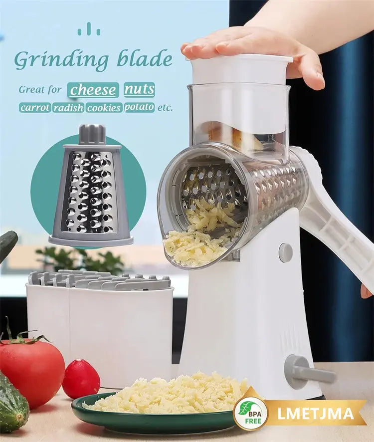 5-in-1 Rotary Cheese and Vegetable Grater with Handle and Suction Base – Multifunctional Interchangeable Rotating Drum Blades for Slicing, Shredding, and Grinding.(Available in Green, White, and Black Colours)