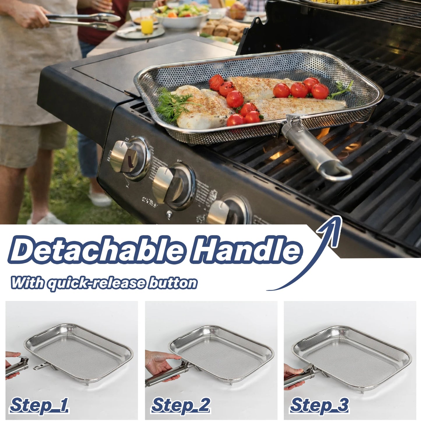 Perforated Stainless Steel Grill Basket with Detachable Handle – Rectangular BBQ Tray for Grilling Vegetables, Fish, and Meat, Ideal for Outdoor Cooking, Food-Grade Stainless Steel, Anti-Rust, Multi-Use, Easy Cleaning