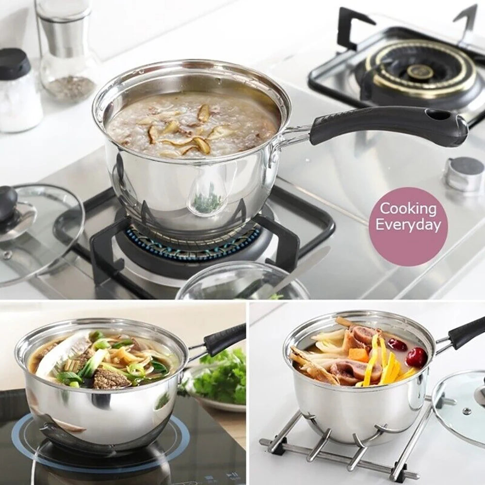 3 Piece Stainless Steel Milk Pan Set with Glass Lids & Gloves – Single Layer Saucepans – Great for Milk, Sauces & Gas Hobs