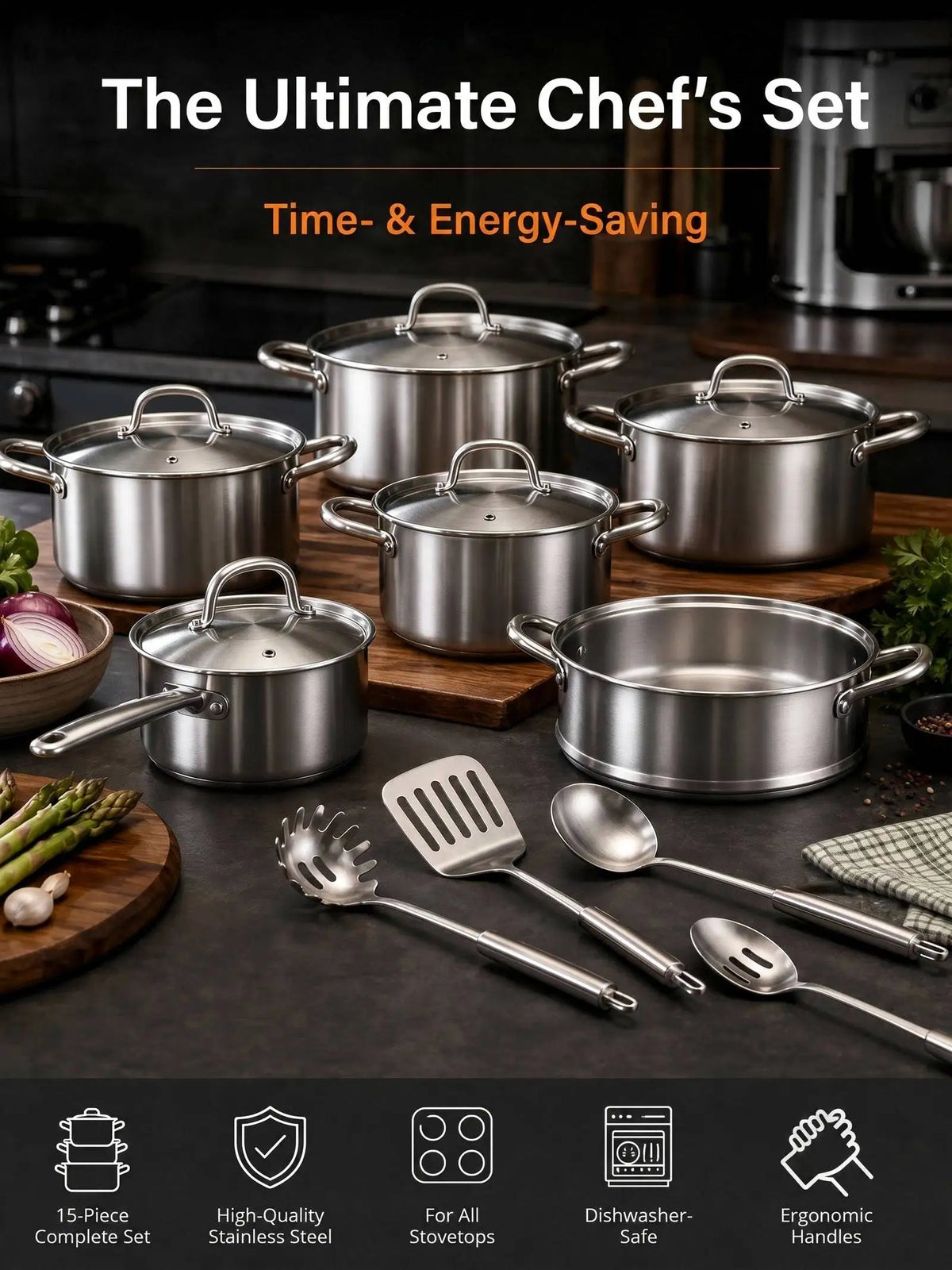 15 Piece Three-Layer Stainless Steel Pots & Pans Set with Glass Lids – Professional Frying Pans, Saucepans & Soup Pots – Perfect for Induction & Big Families
