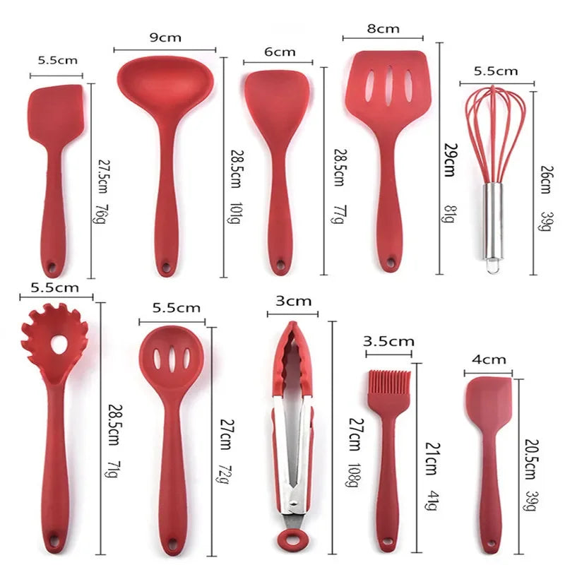 10-Piece Silicone Kitchen Utensils Set – Non-Stick, Heat-Resistant Cooking Utensils – Ideal for Daily Cooking– Available in Black, Light Green, Red, and Blue Colours.