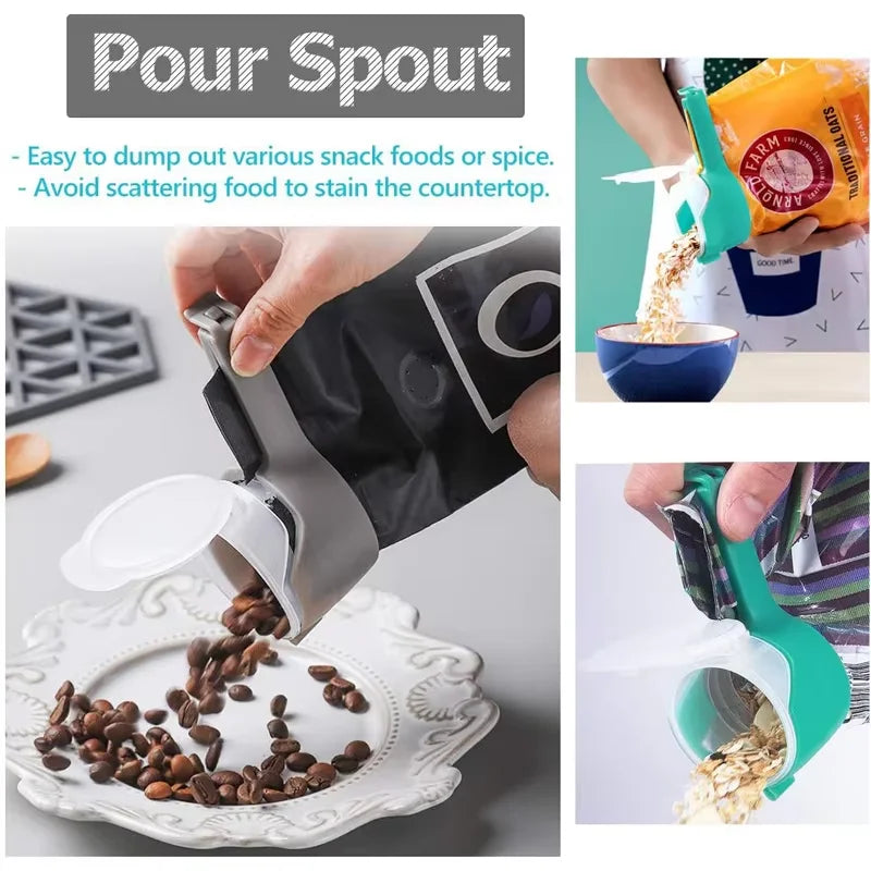 4 Piece Food Bag Sealing Clips with Pour Spout – Kitchen Storage Clips & Bag Sealers – Great for Crisps, Cereal & Snacks