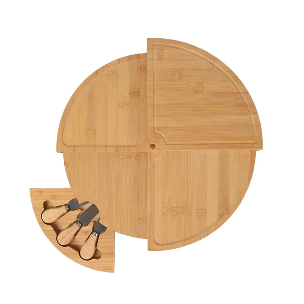 Bamboo Cheese Board with Knife Set – 4-Tier Swivel Round Serving Tray with Hidden Knife Drawer – Ideal for Parties, Cheese, Fruit & Desserts