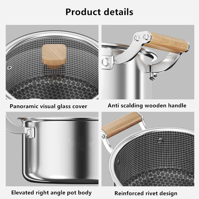 Honeycomb Stainless Steel Soup Pot with Lid – Multi-Purpose Non-Stick Pot for Frying, Stewing, Searing, Stir-Fry, Soup & Stock – Works on All Stovetops – Available in 20cm, 22cm, 24cm (with lid), and 26cm (without lid)