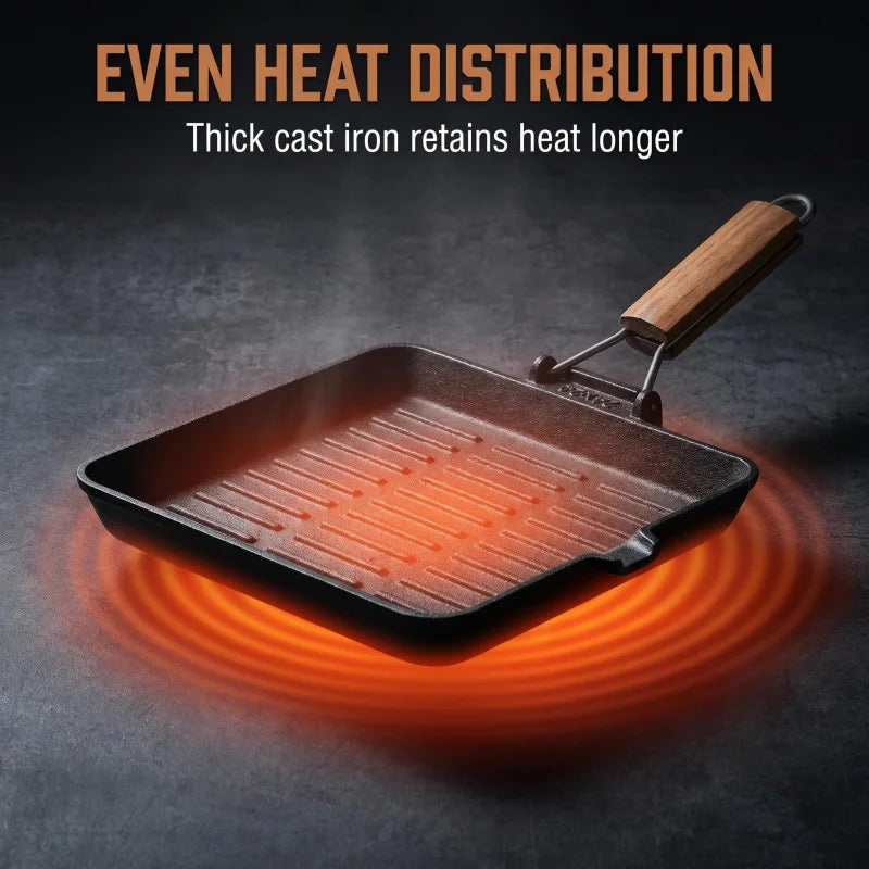 Cast Iron Grill Pan with Foldable Wooden Handle – Square, Rectangular & Round Ridged Skillets for Induction – Perfect for Steaks & Vegetables – Available in 20 x 20cm, 21 x 35cm & 24cm Round