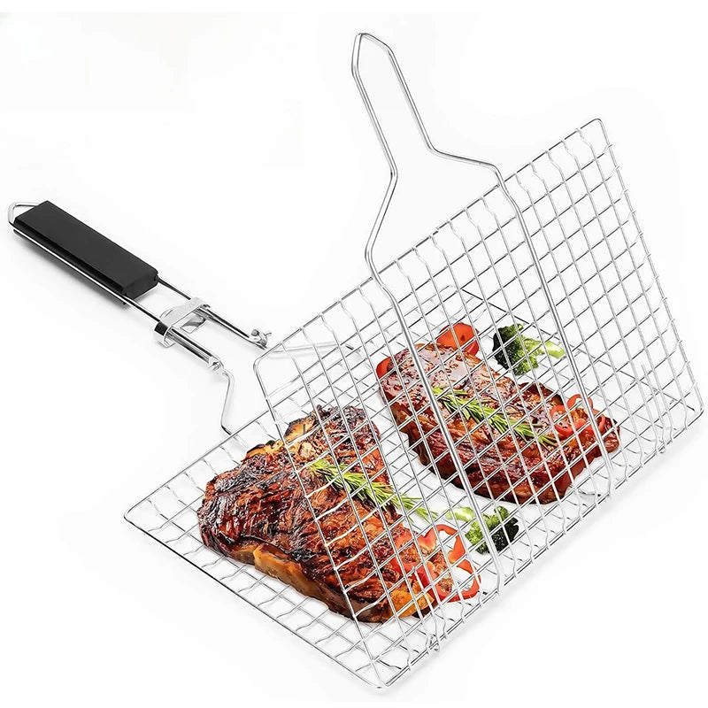 Foldable Stainless Steel BBQ Grill Basket Silver